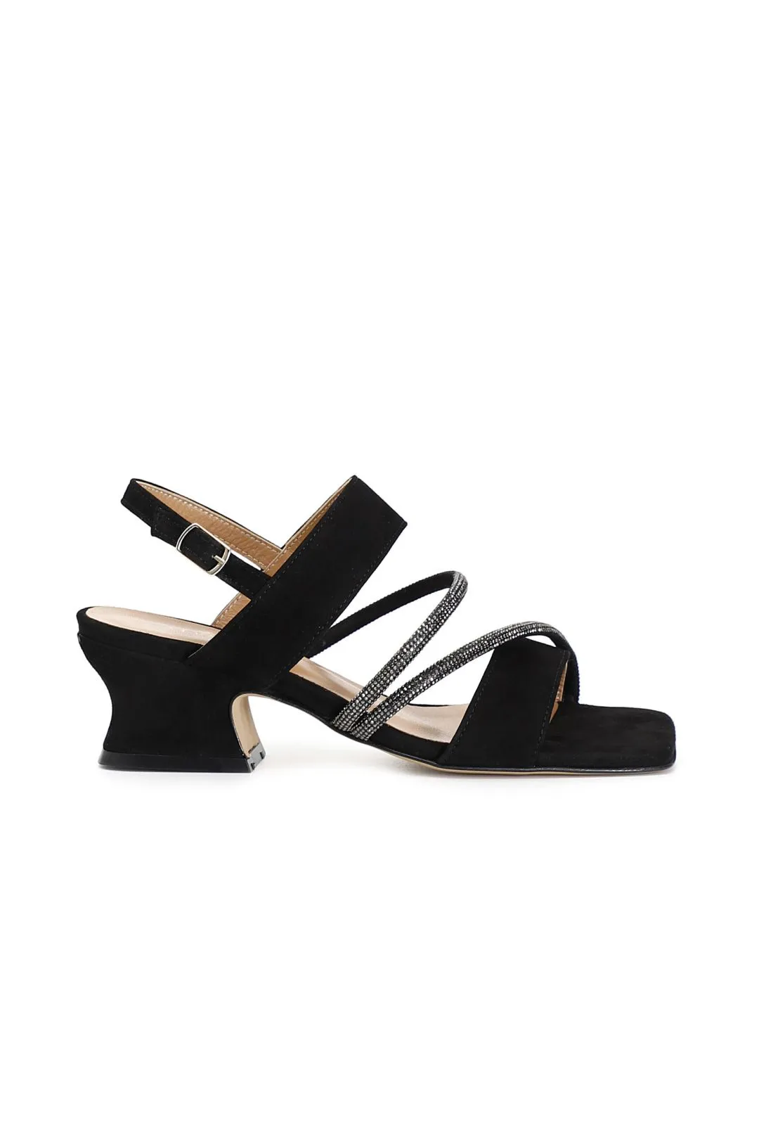 sandali in pelle scamosciata con strass nero