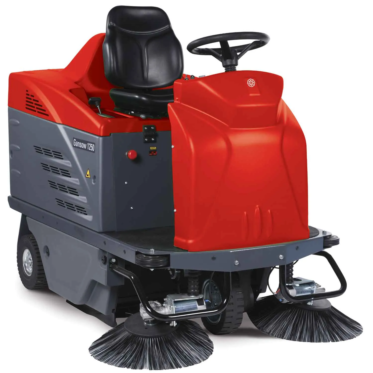 Spazzatrice uomo a bordo Portotecnica Lion 1250 E a batteria 24V produttività max 7440 m2/h pista spazzola centrale 690mm