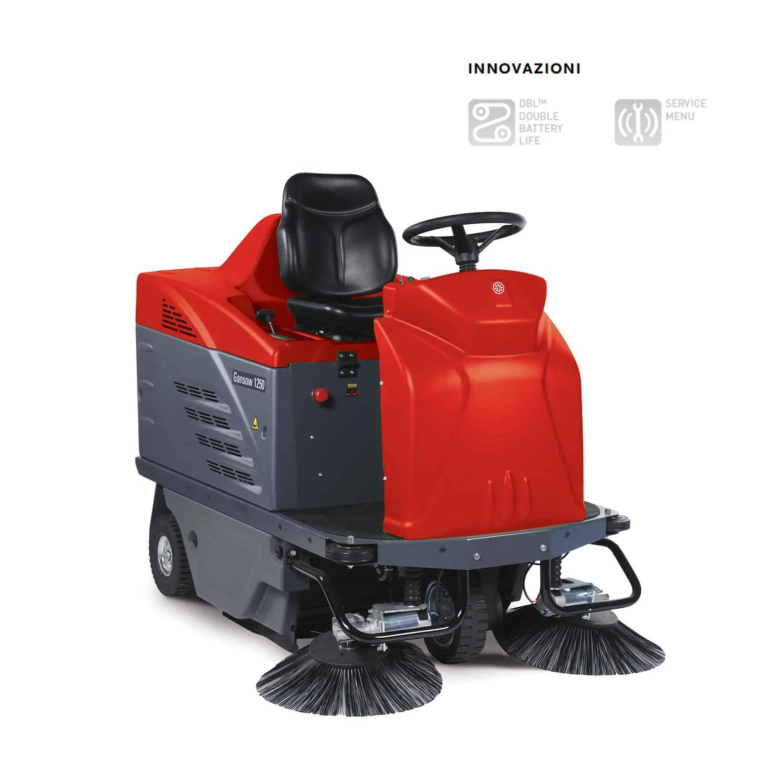 Spazzatrice uomo a bordo Portotecnica Lion 1250 E a batteria 24V produttività max 7440 m2/h pista spazzola centrale 690mm