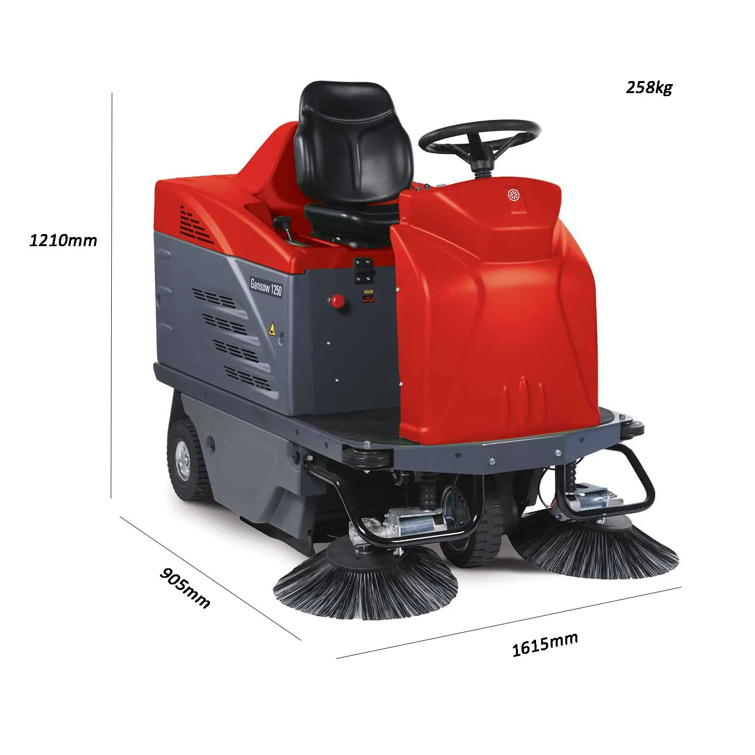 Spazzatrice uomo a bordo Portotecnica Lion 1250 E a batteria 24V produttività max 7440 m2/h pista spazzola centrale 690mm