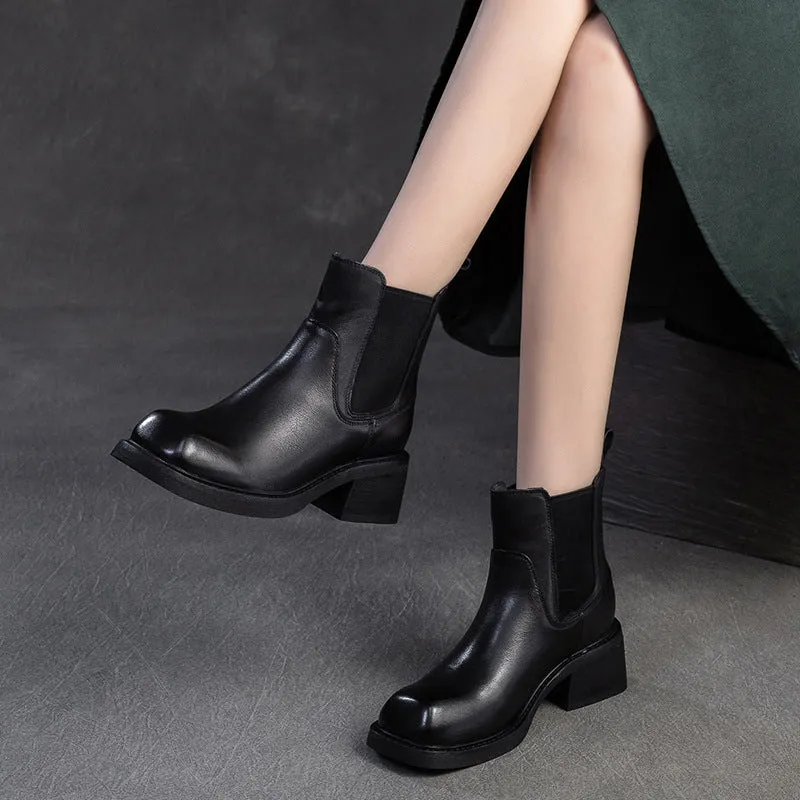 Stivaletti casual da donna in pelle tinta unita vintage
