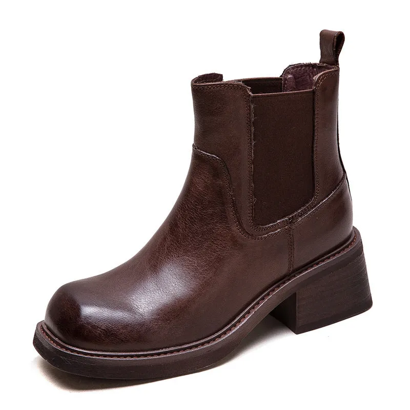 Stivaletti casual da donna in pelle tinta unita vintage