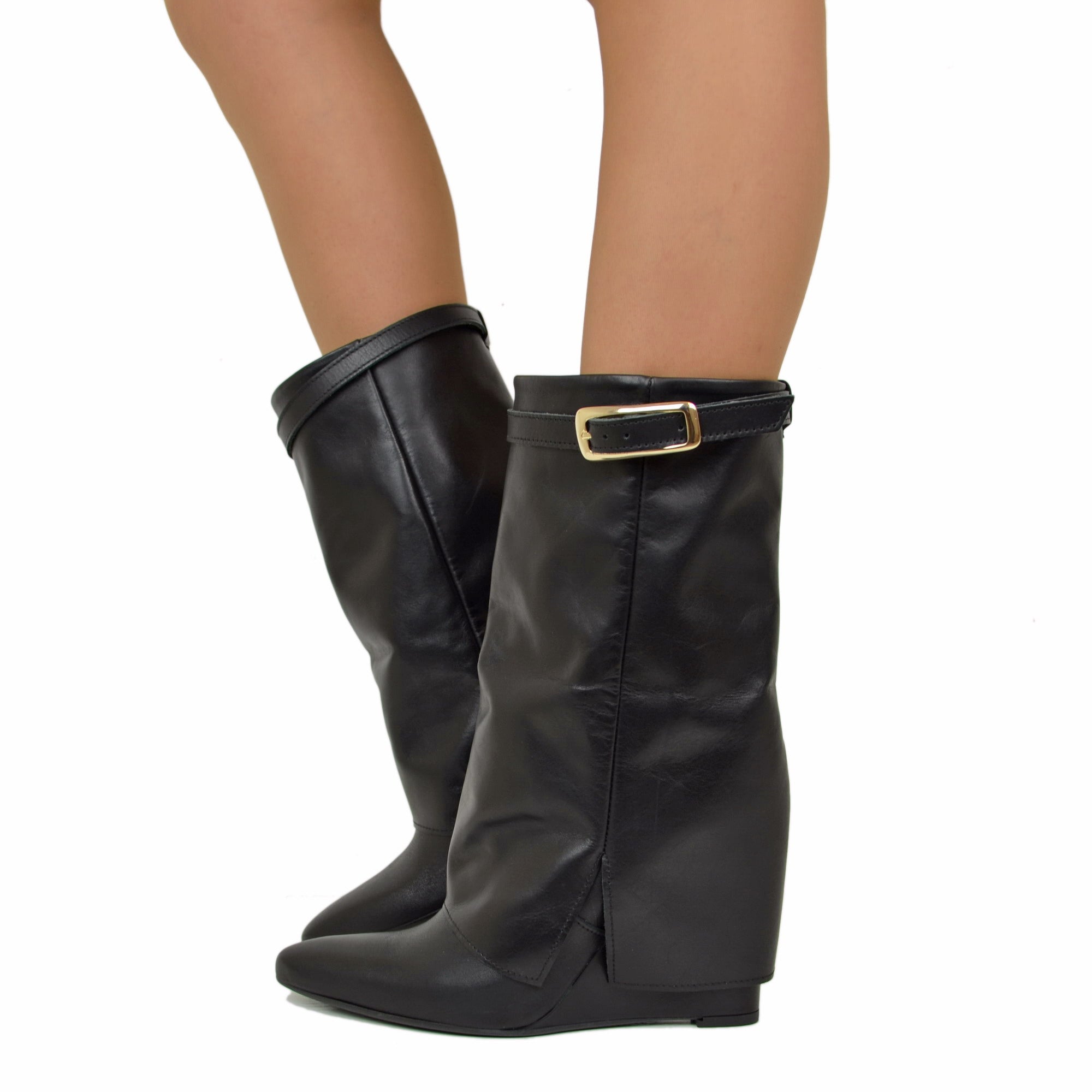 Stivaletti con Ghetta e Fibbia Dorata Zeppa Alta 9 Cm VERA PELLE