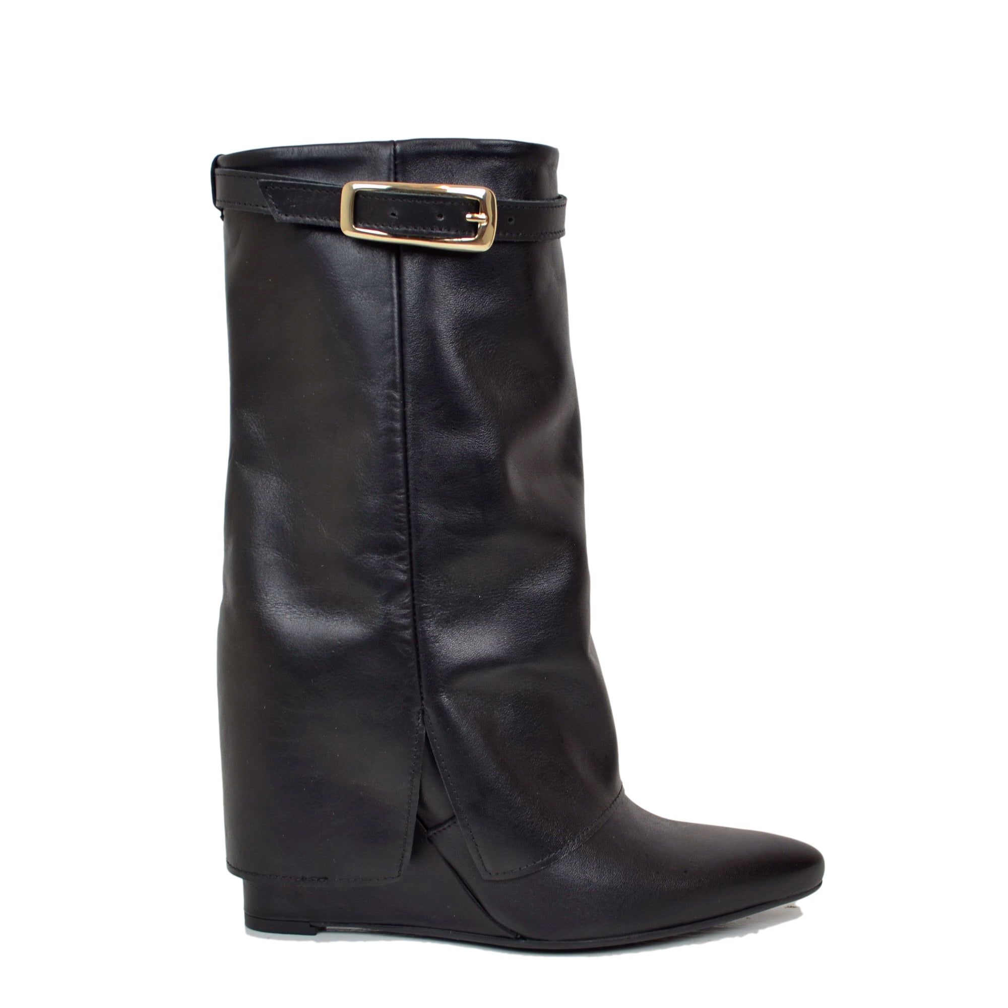Stivaletti con Ghetta e Fibbia Dorata Zeppa Alta 9 Cm VERA PELLE