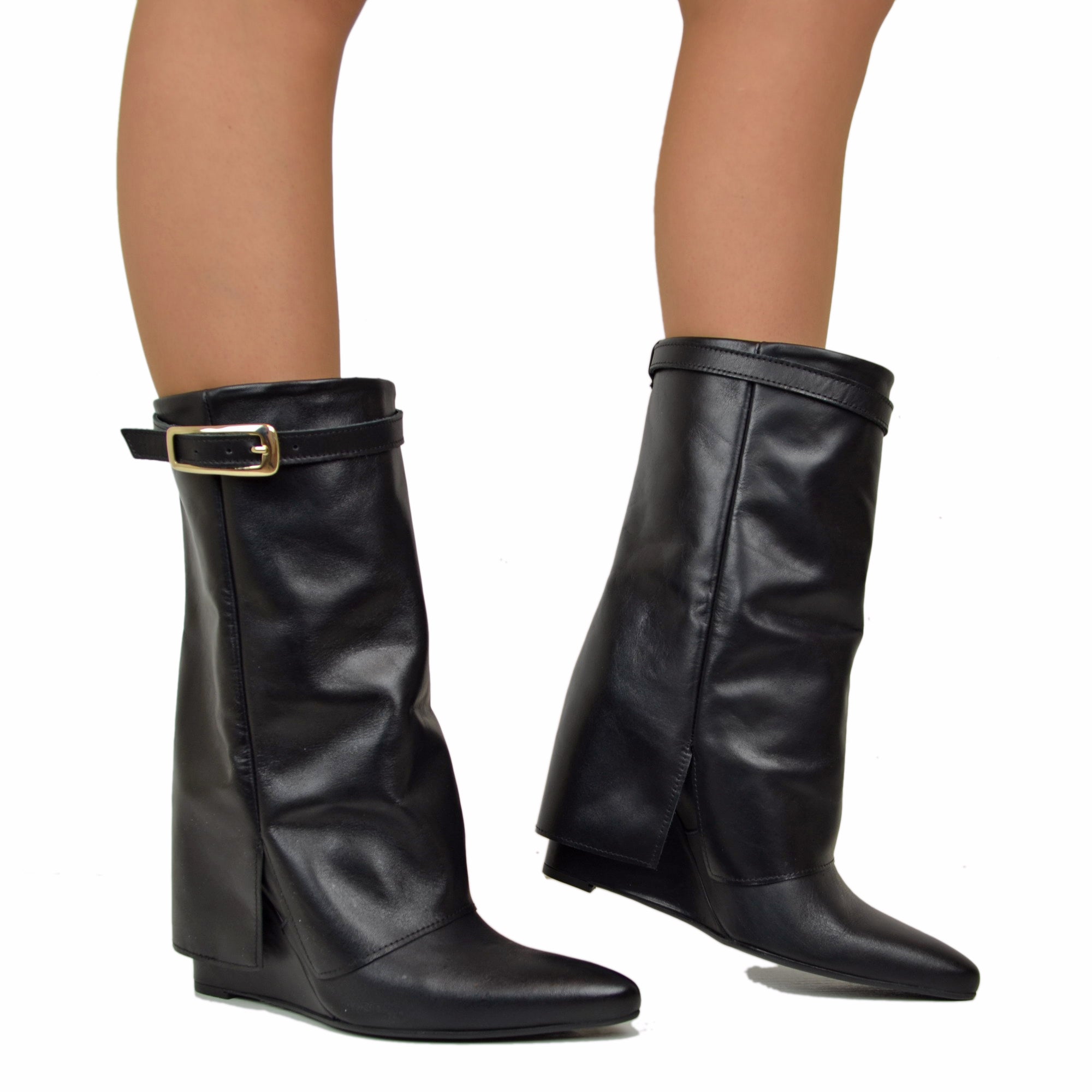 Stivaletti con Ghetta e Fibbia Dorata Zeppa Alta 9 Cm VERA PELLE