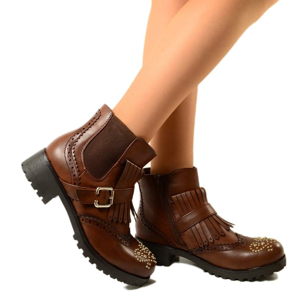 Stivaletti Donna Marroni con Inserti Elasticizzati e Frange