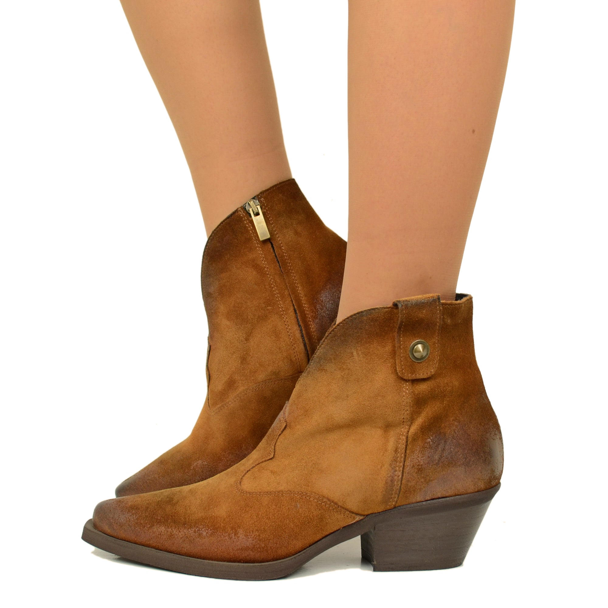 Stivaletti Texani Donna in Pelle Cuoio con Zip Made in Italy
