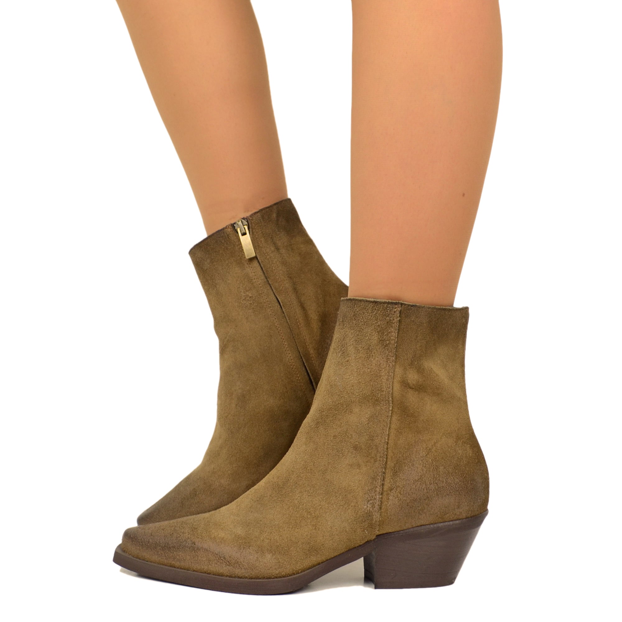 Stivaletti Texani Donna in Pelle Scamosciata Taupe con Zip