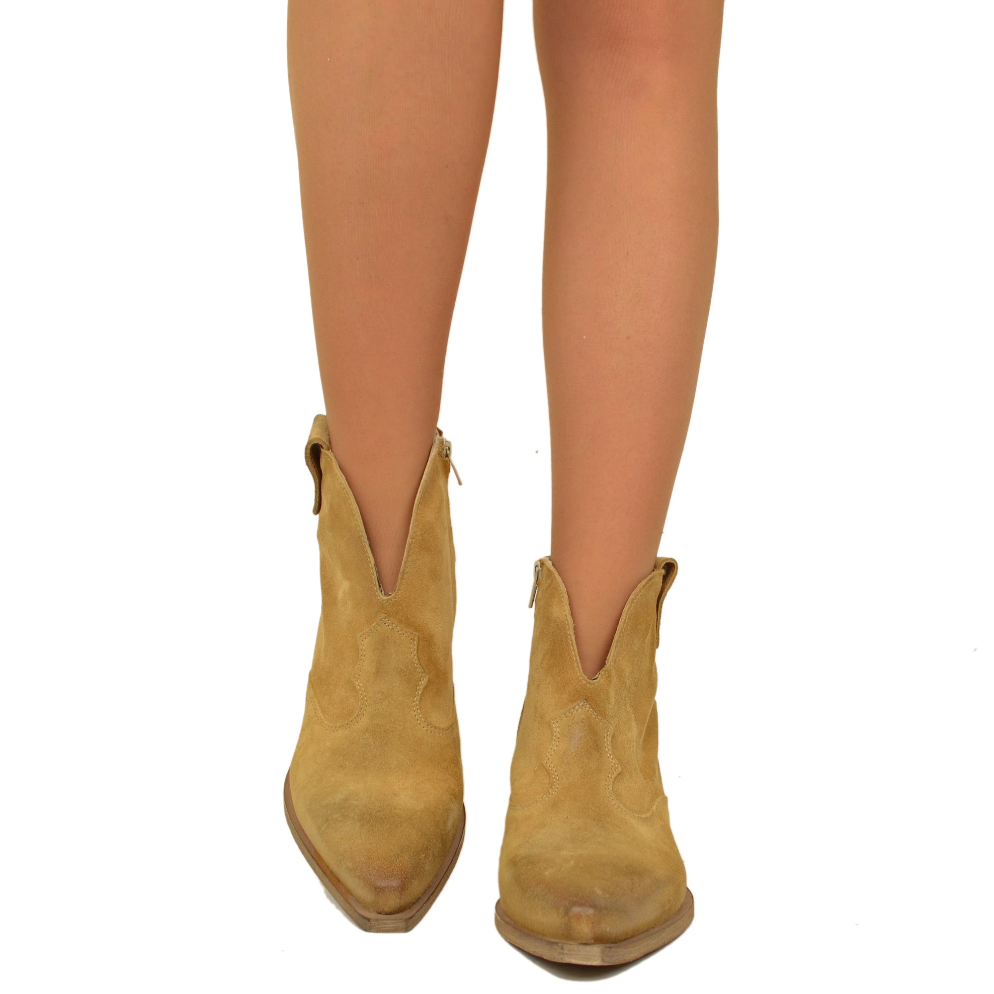 Stivaletti Texani Donna in Pelle Taupe con Zip Made in Italy
