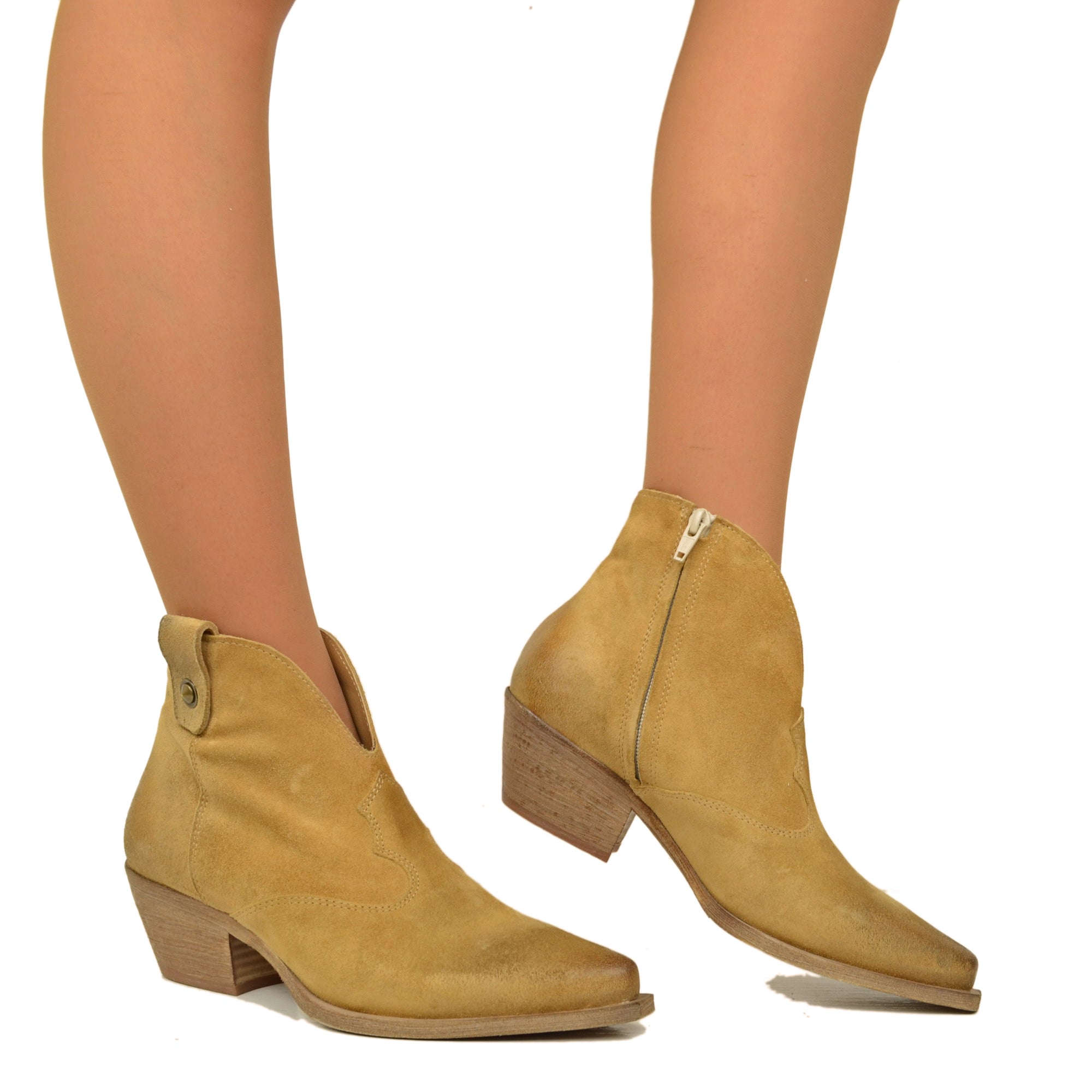 Stivaletti Texani Donna in Pelle Taupe con Zip Made in Italy