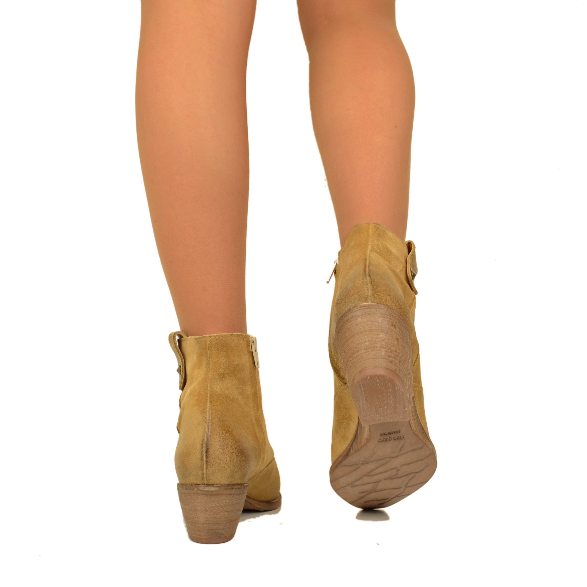 Stivaletti Texani Donna in Pelle Taupe con Zip Made in Italy