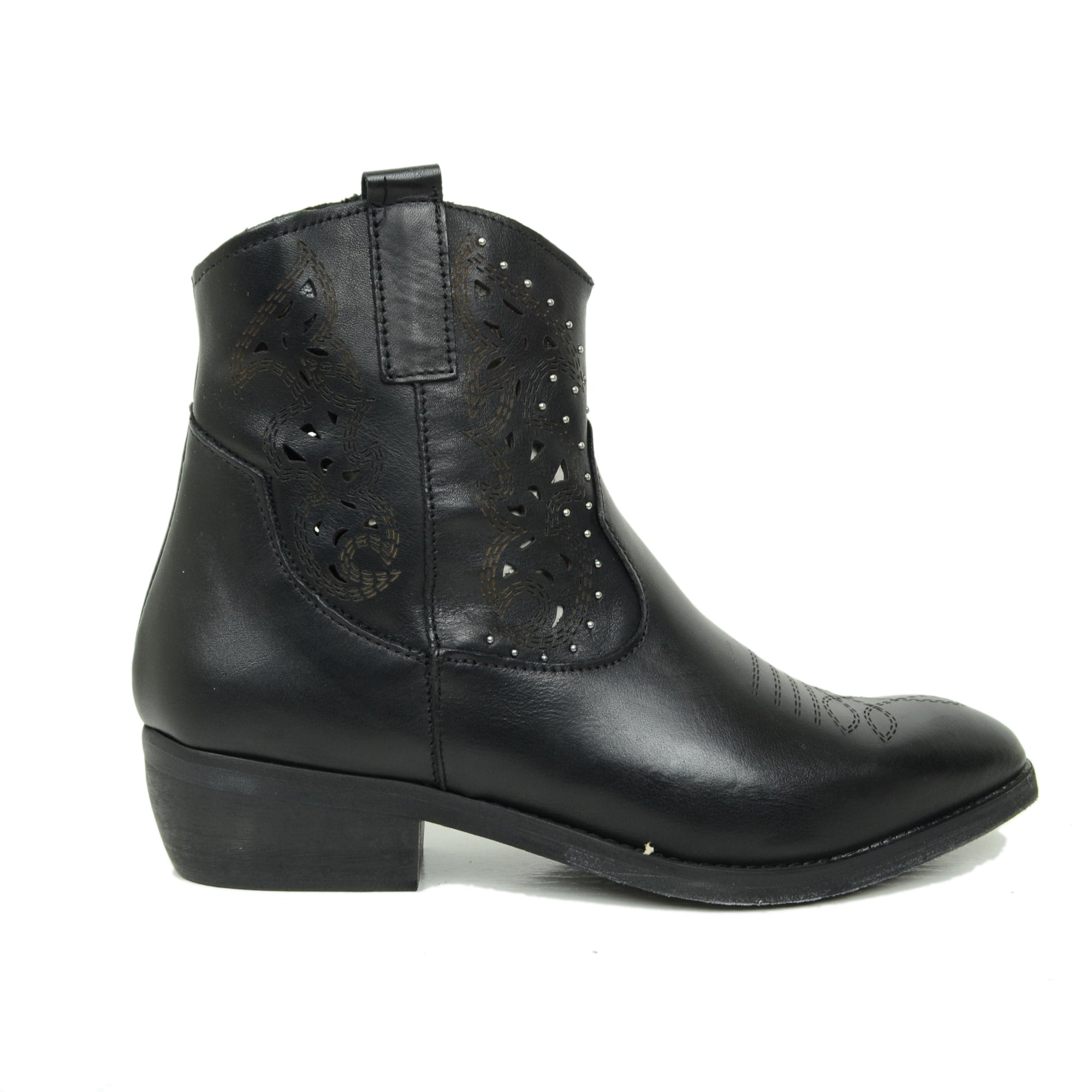 Stivaletti Texani Donna Neri in Pelle Traforata con Borchie