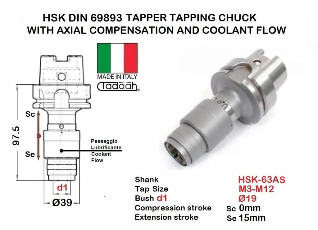 TD0136MARIHSK06 Maschiatore con refrigerazione interna attacco HSK-63-A con compensazione assiale, DIN 69893, capacità maschiatu