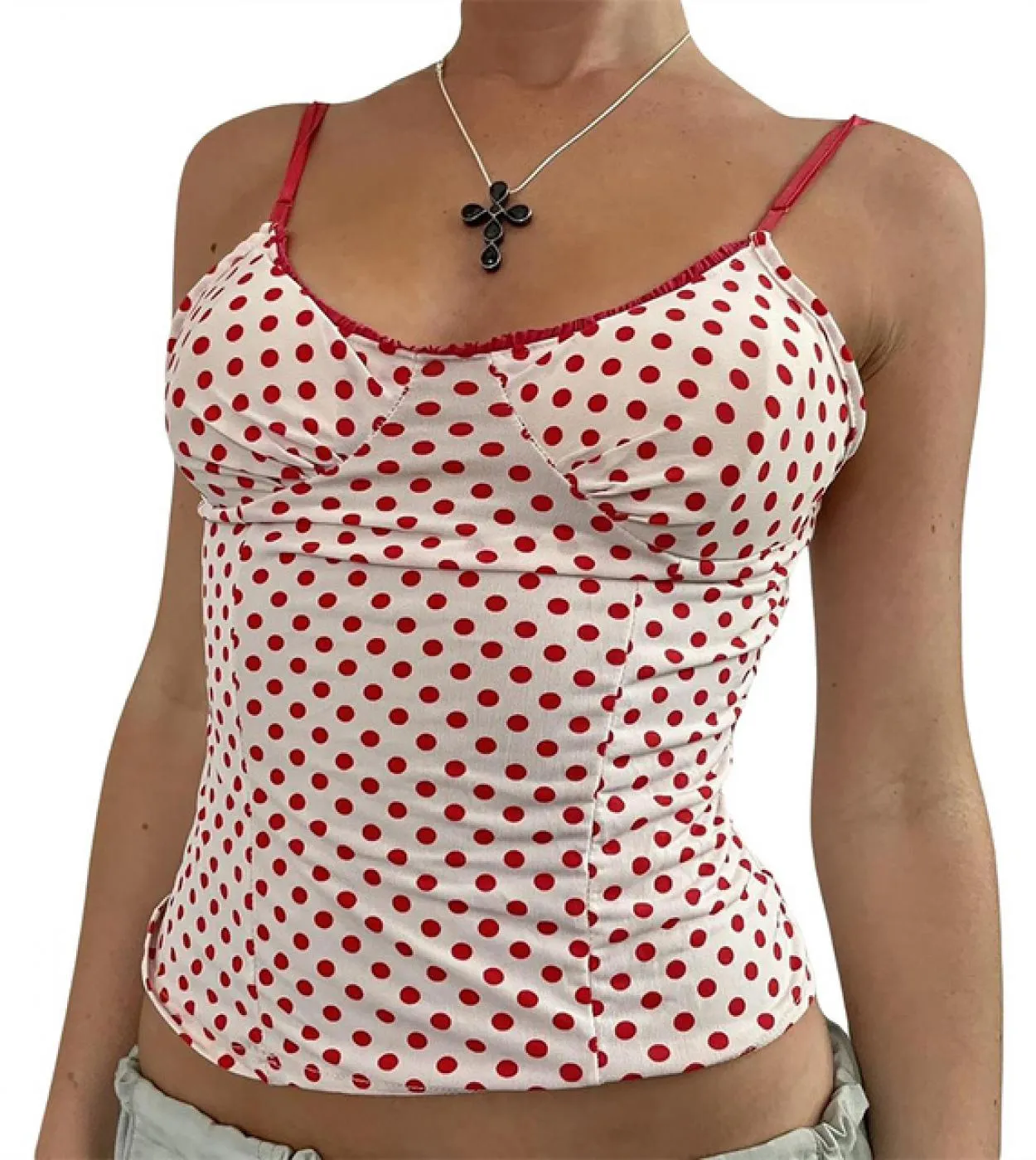 Tetyseysh Polka Dot Crop Top Donna Slim Fit Gilet Spaghetti Strap senza maniche Sling Canotte anni 90 Camisoles Summer Stree
