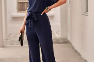 Tuta fashion con pantaloni lunghi ampi e maniche corte  Nelia, blu scuro