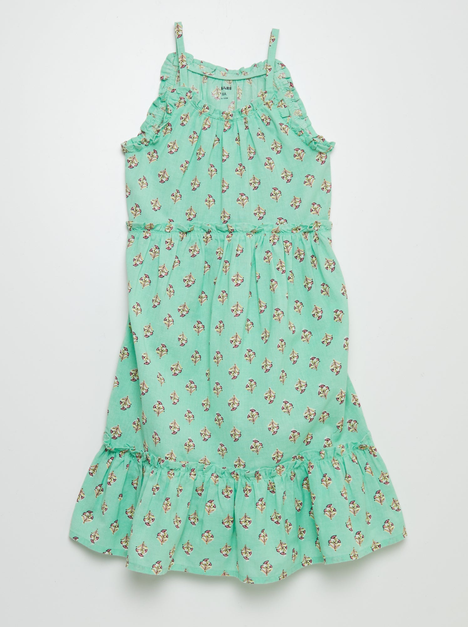 Vestito con gonna a ruota e motivo con volant sul fondo - VERDE
