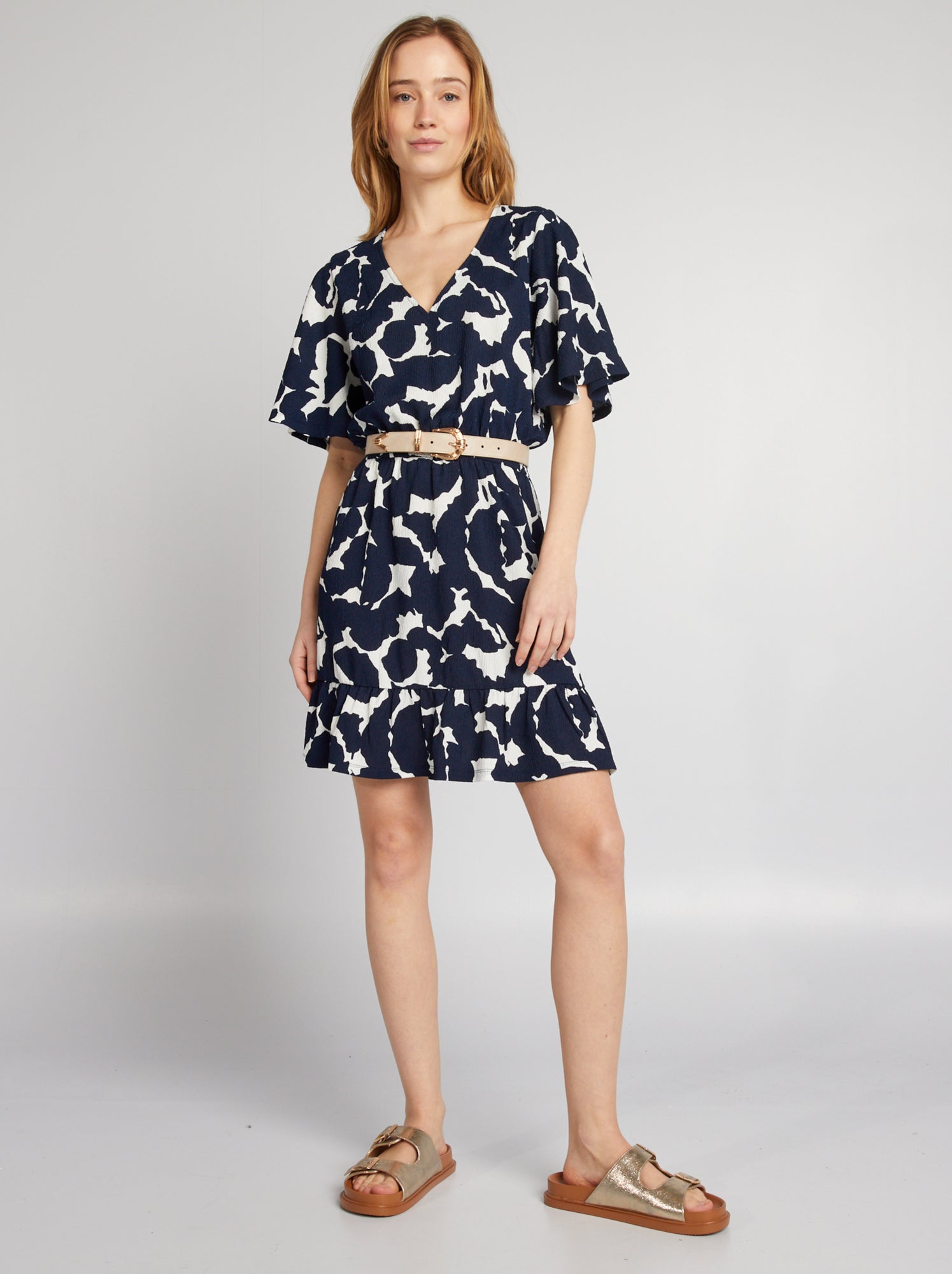 Vestito corto stampato con volant - BLU