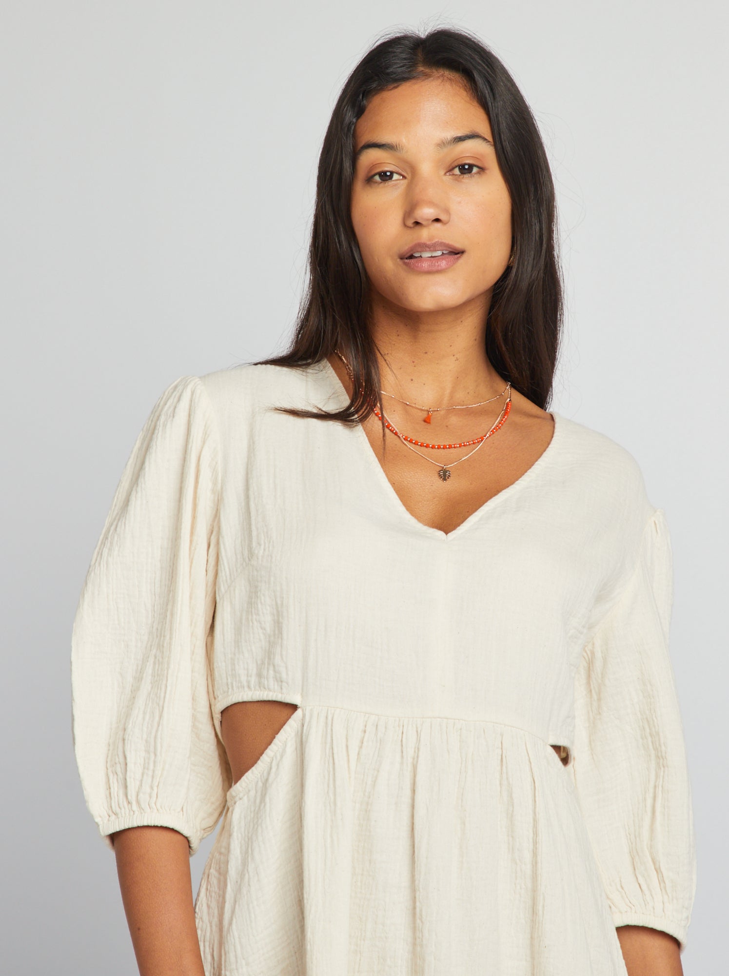 Vestito in garza di cotone con apertura - BIANCO