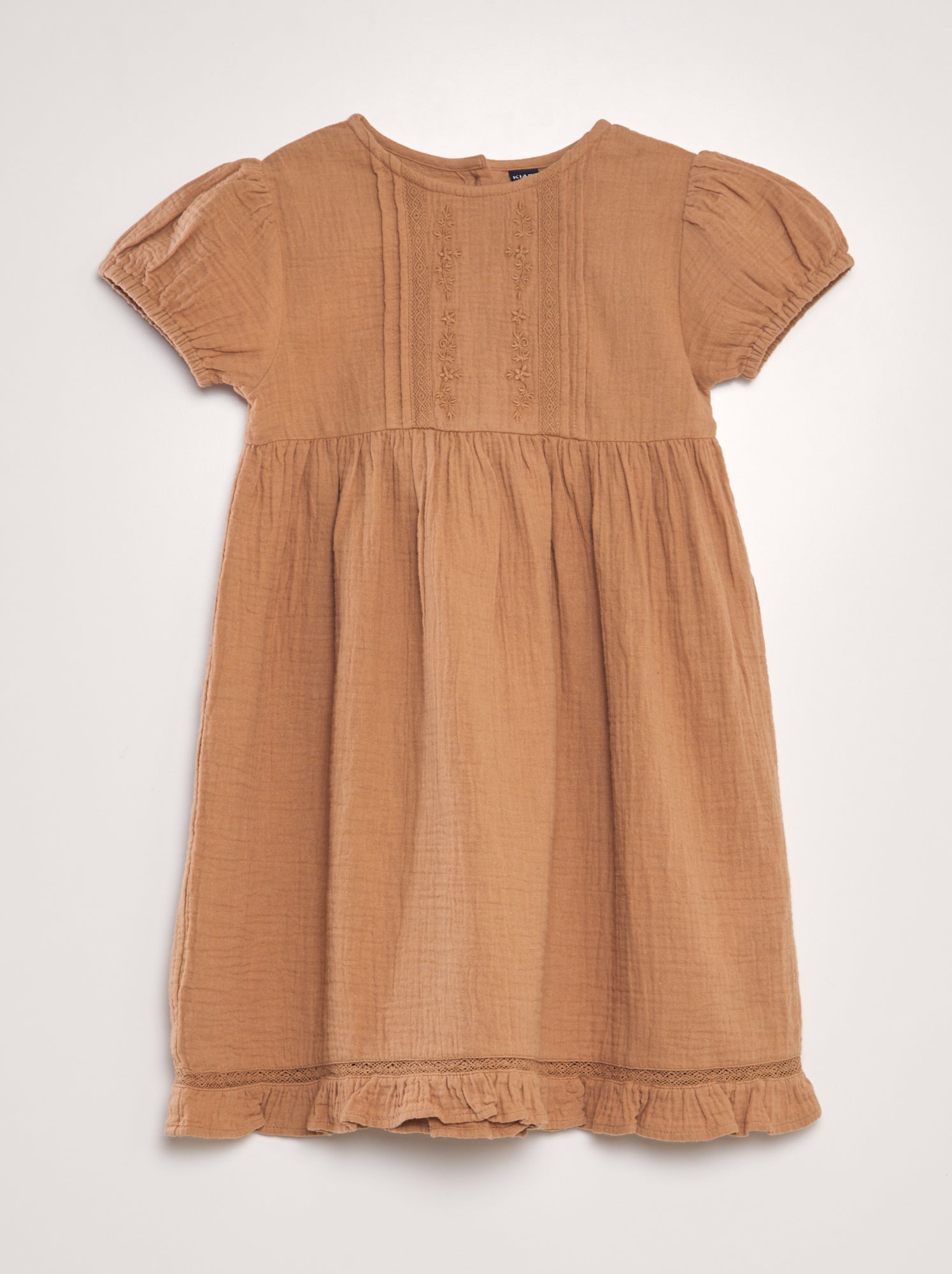 Vestito in garza di cotone con ricamo - MARRONE