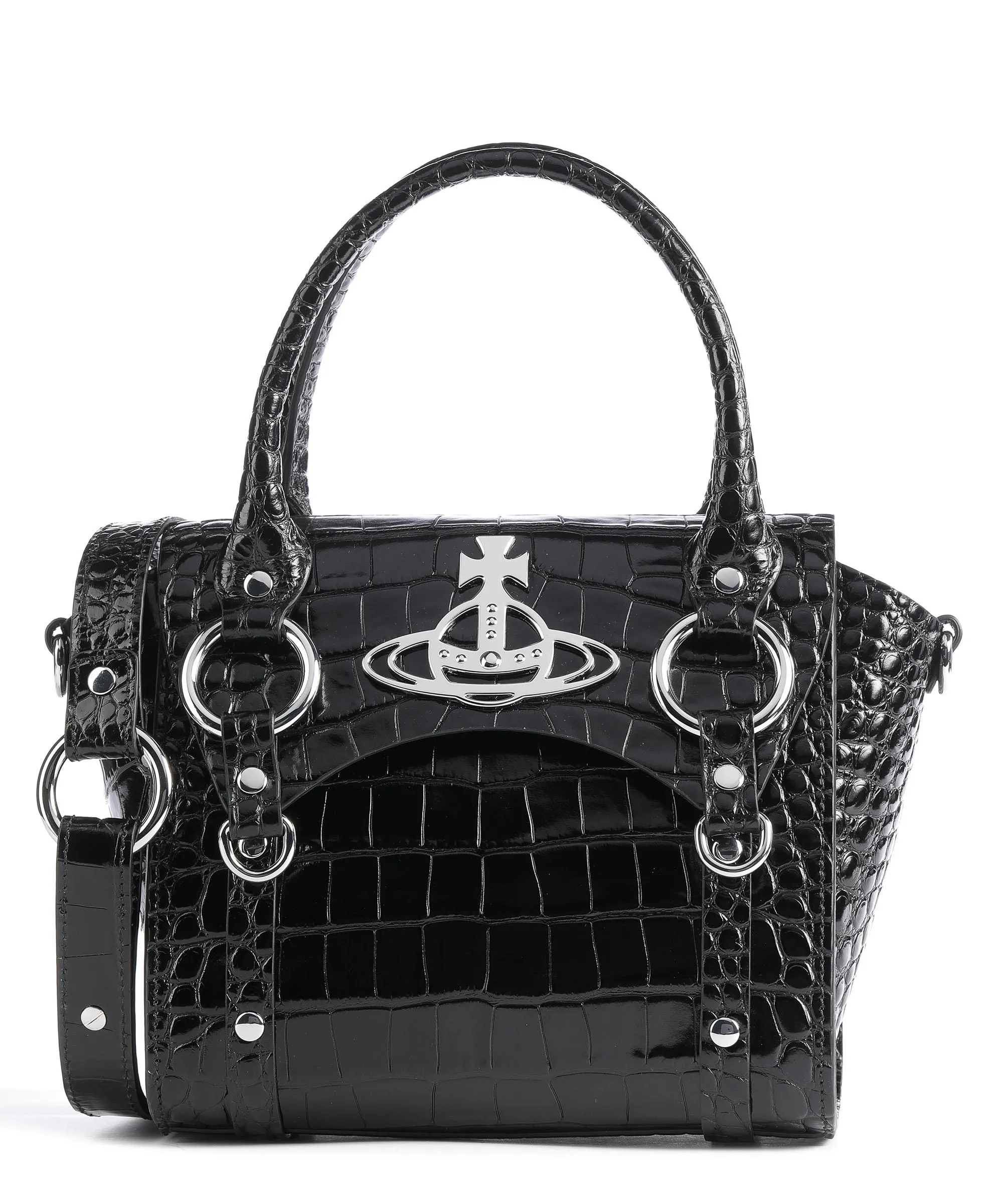  Vivienne Westwood Betty Embossed Croc Small Borsa a mano pelle di vitello goffrata nero  