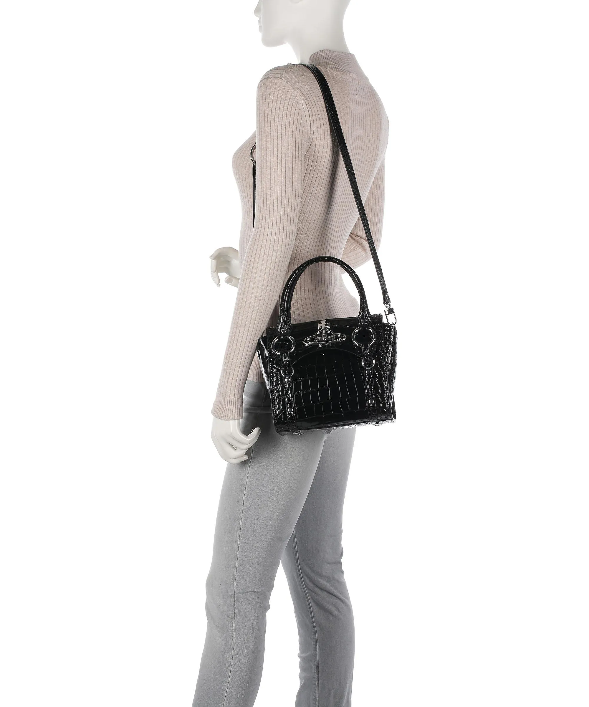  Vivienne Westwood Betty Embossed Croc Small Borsa a mano pelle di vitello goffrata nero  